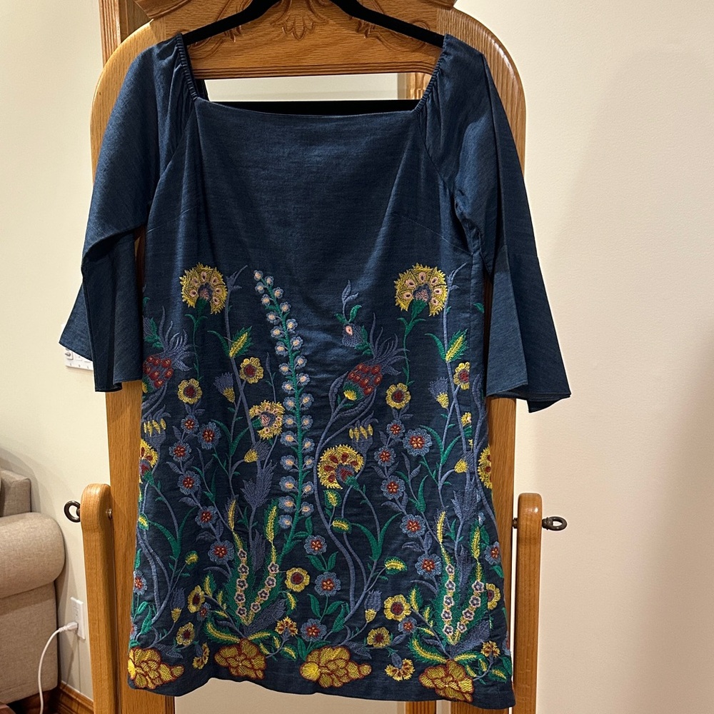 Embroidered Chambray Floral Square-Neck Off Shoulder Women’s Dress